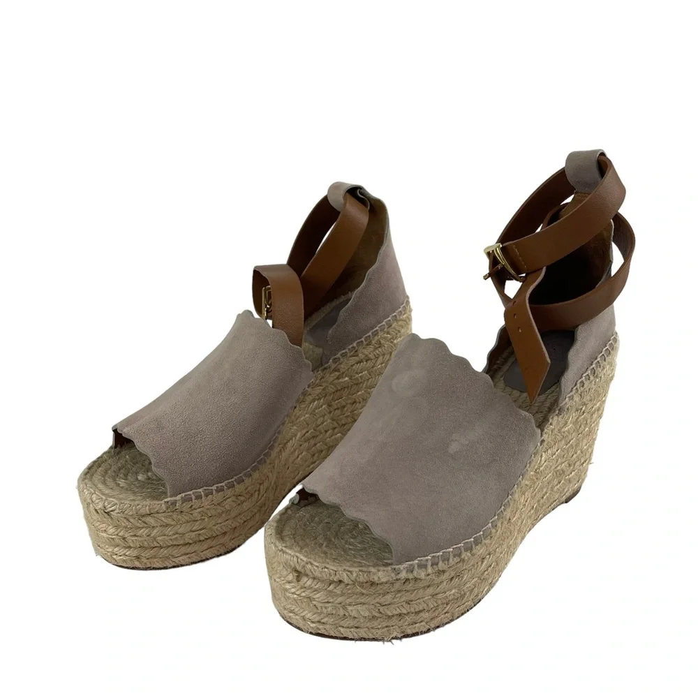 Chloe Lauren Scalloped Suede Platform Wedge Espadrilles Size 41 (US 9.5)